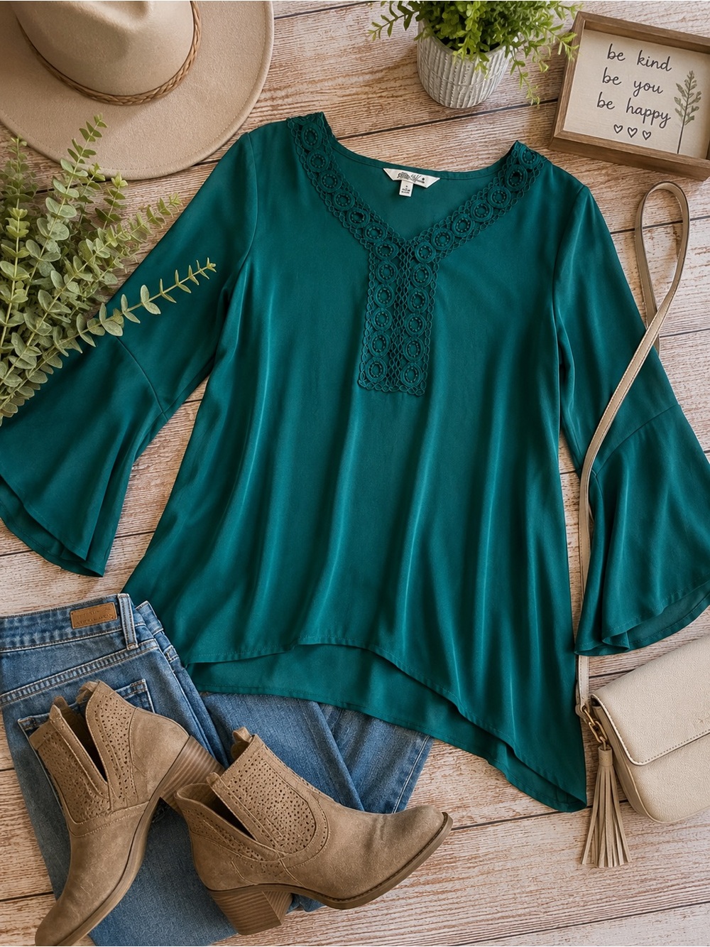 The Pioneer Woman Emerald Green Boho Crochet Trim Tunic Blouse Small